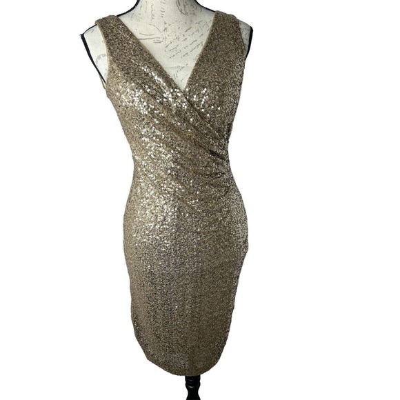 Lauren Ralph Lauren Dress 4P Sequin Gold V-neck‎ Sheath Sleeveless Knee Length - Picture 1 of 6